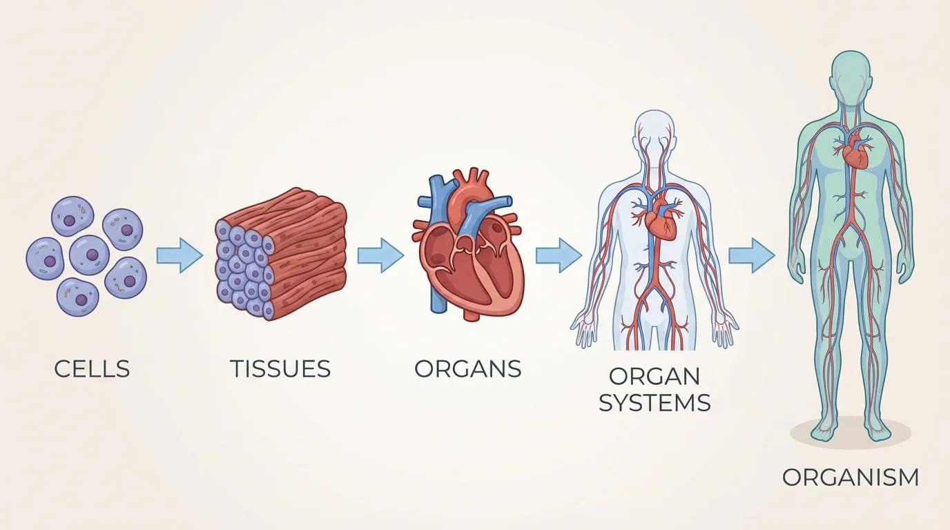 Diagram showing cells forming tissues, tissues forming organs, organs forming organ systems, and organ systems forming an organism