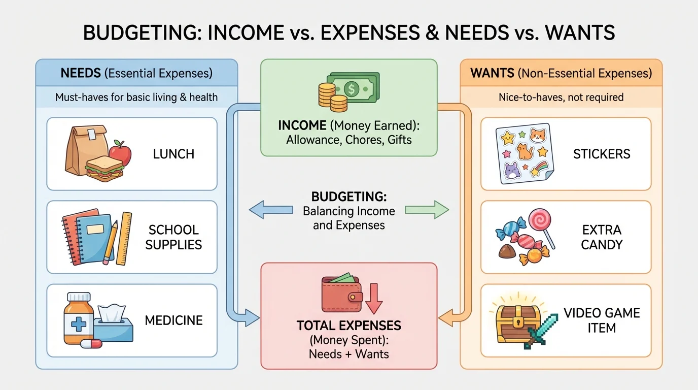 chart with two columns labeled needs and wants, showing items such as lunch, school supplies, medicine in needs and stickers, extra candy, video game item in wants