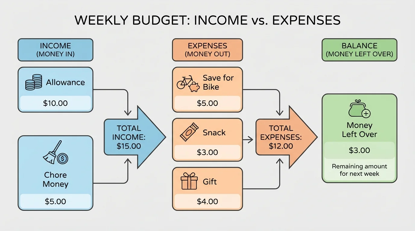 chart showing weekly budget categories with allowance, chore money, save for bike, snack, gift, and money left over