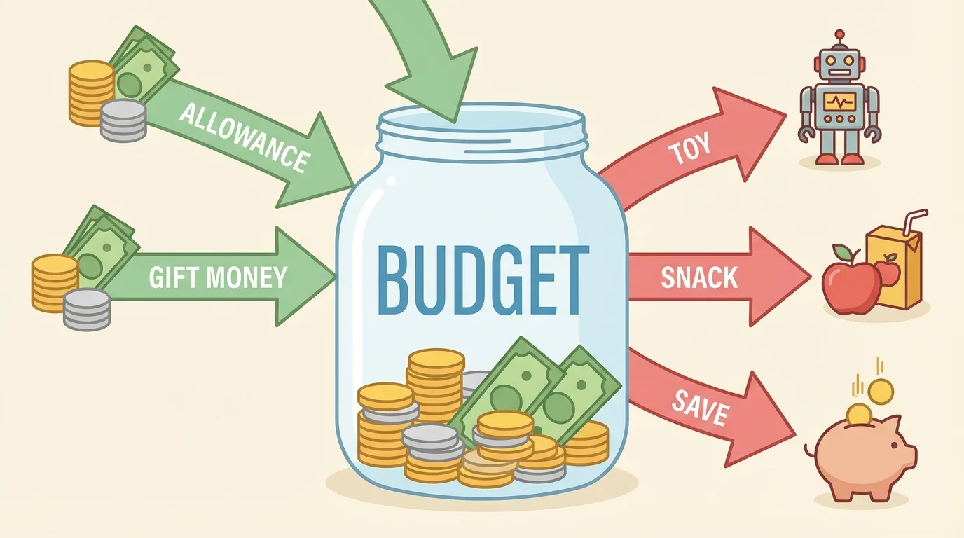 chart showing a jar labeled budget with arrows for income going in and expenses going out, with sample labels allowance, gift money, toy, snack, save