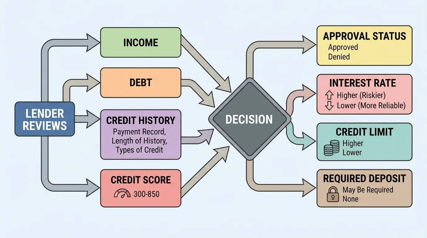 flowchart showing a lender reviewing income, debt, credit history, and score, then deciding approval, interest rate, credit limit, and required deposit