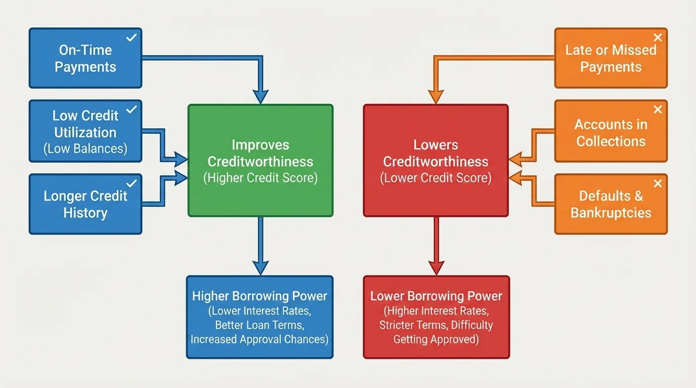 flowchart showing on-time payments, low balances, long account history improving credit, while late payments, collections, and defaults lower credit standing
