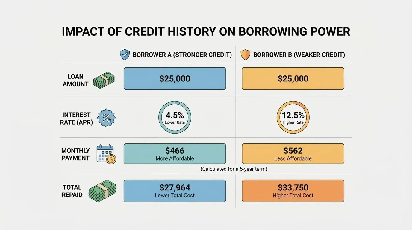 chart comparing borrower A with stronger credit and borrower B with weaker credit, showing loan amount, interest rate, monthly payment, and total repaid