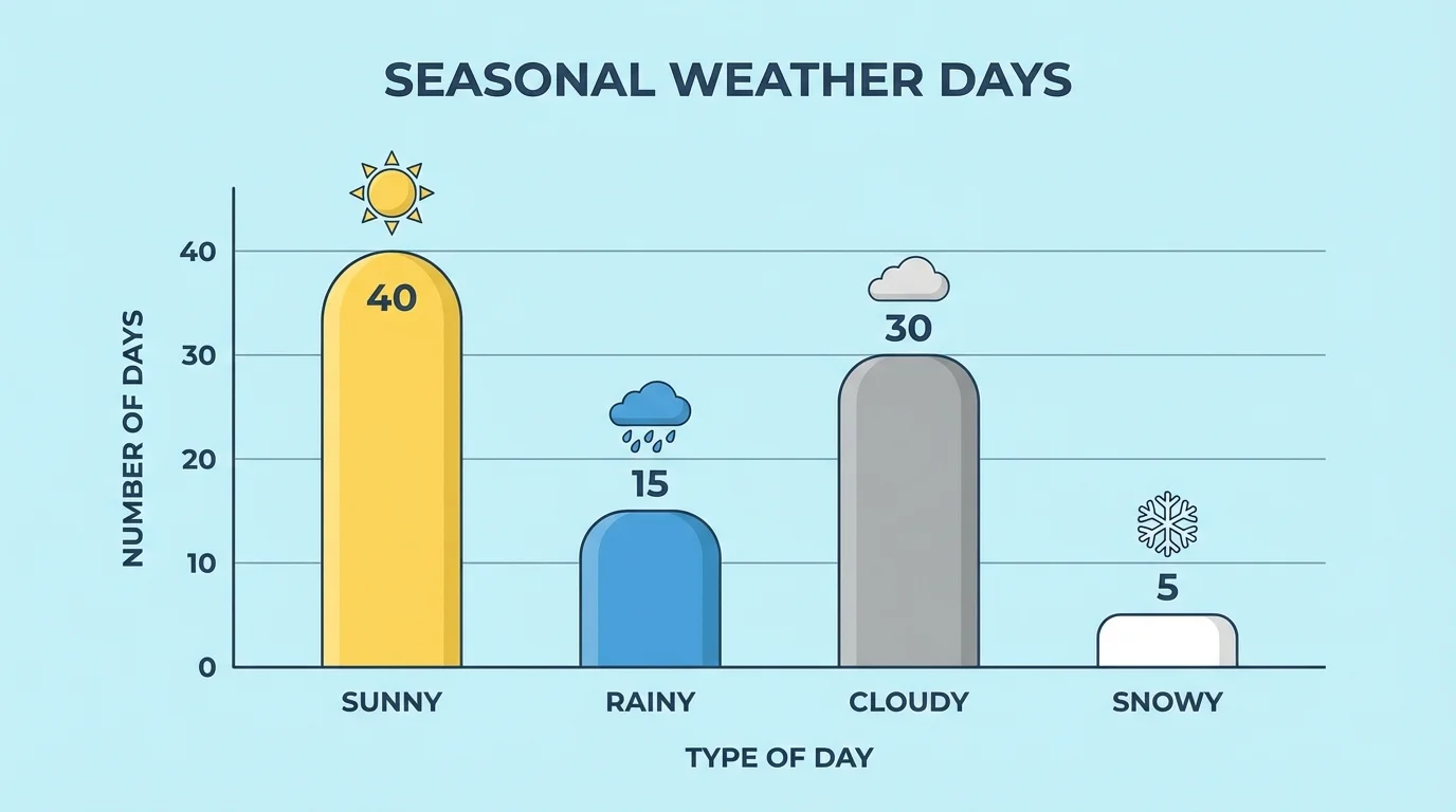 bar graph comparing counts of sunny, rainy, cloudy, and snowy days during a season, with clearly different bar heights
