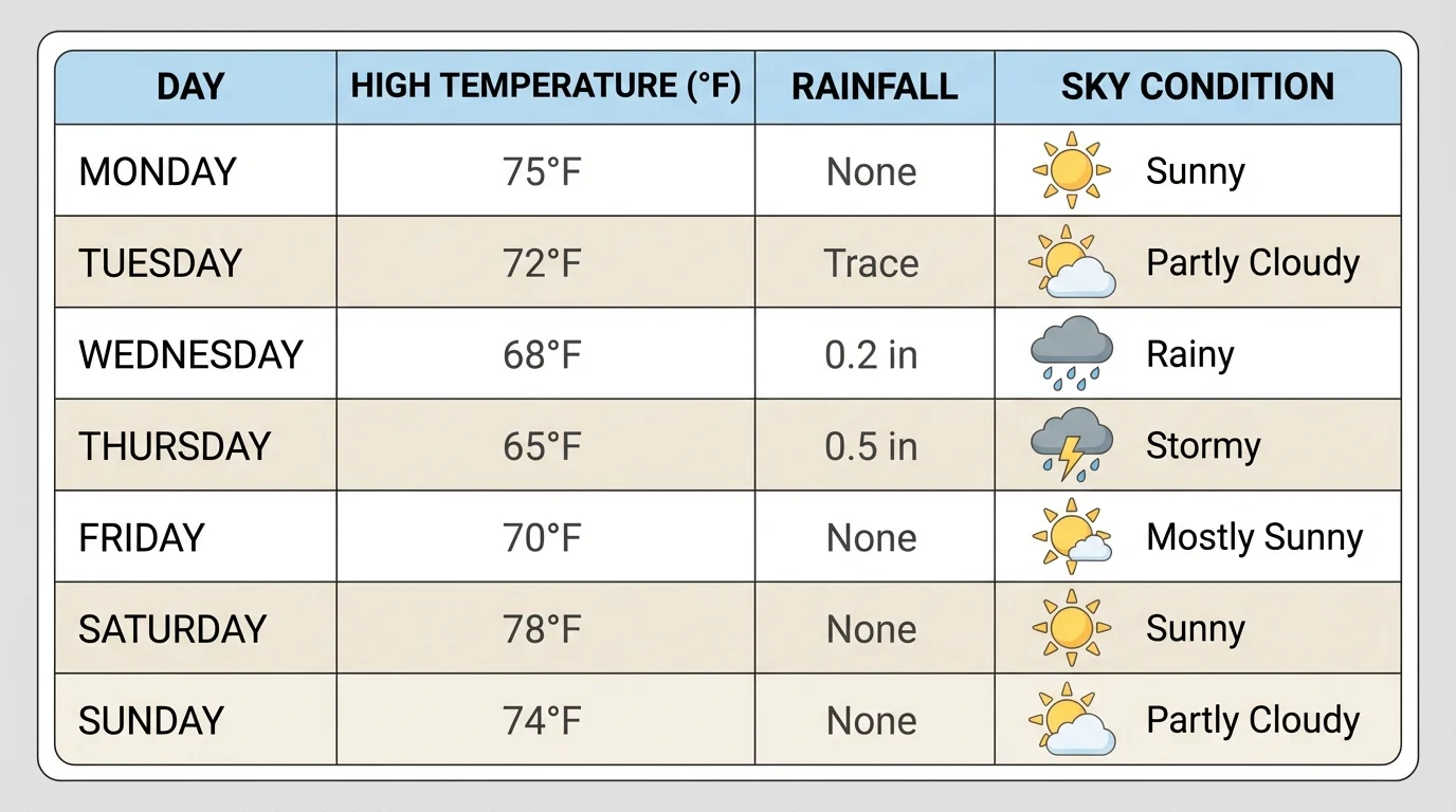 simple weekly weather data table with columns for day, high temperature, rainfall, and sky condition, neatly labeled for elementary students