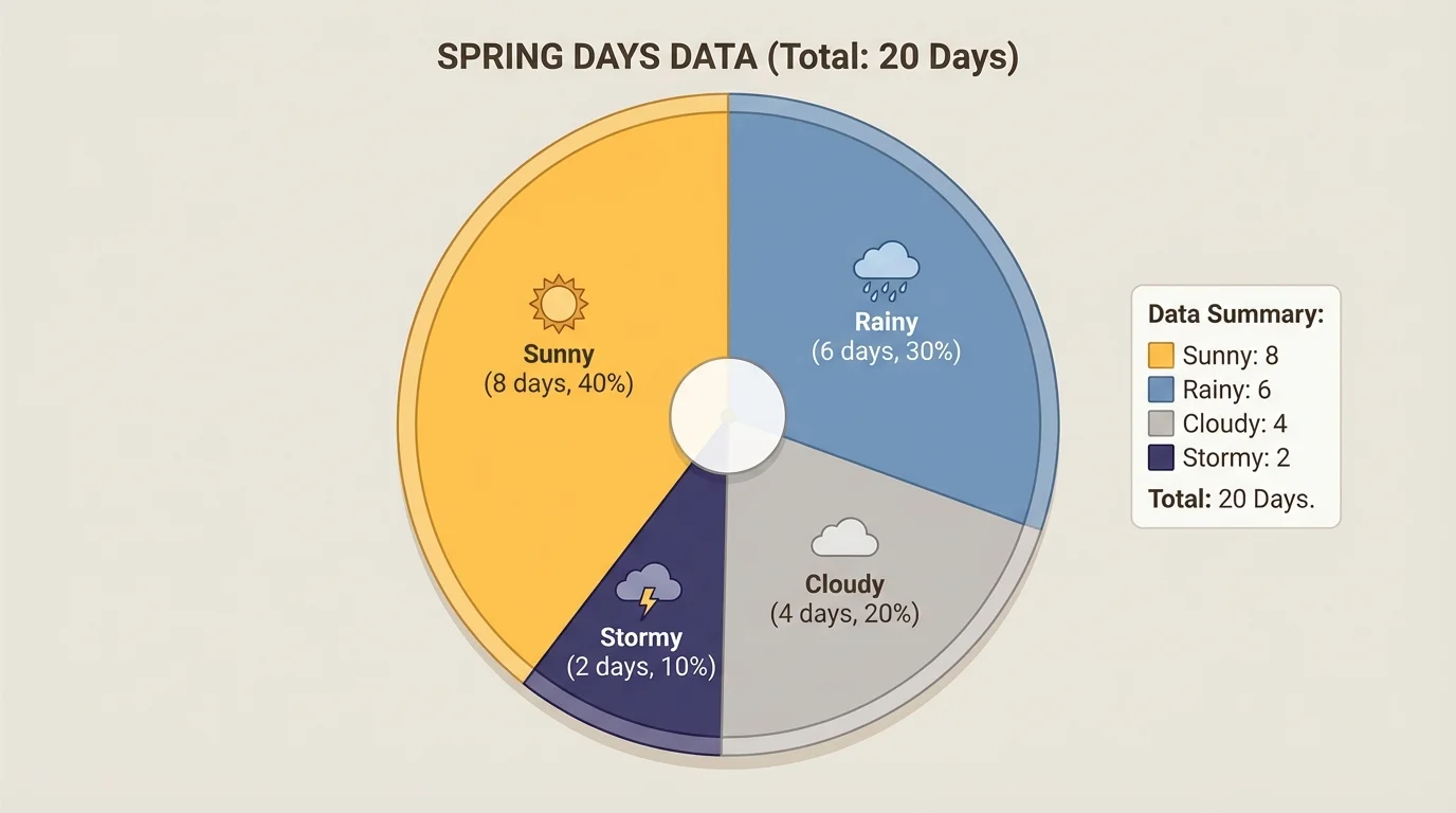 pie chart of 20 spring days divided into sunny, rainy, cloudy, and stormy sections with noticeably different slice sizes