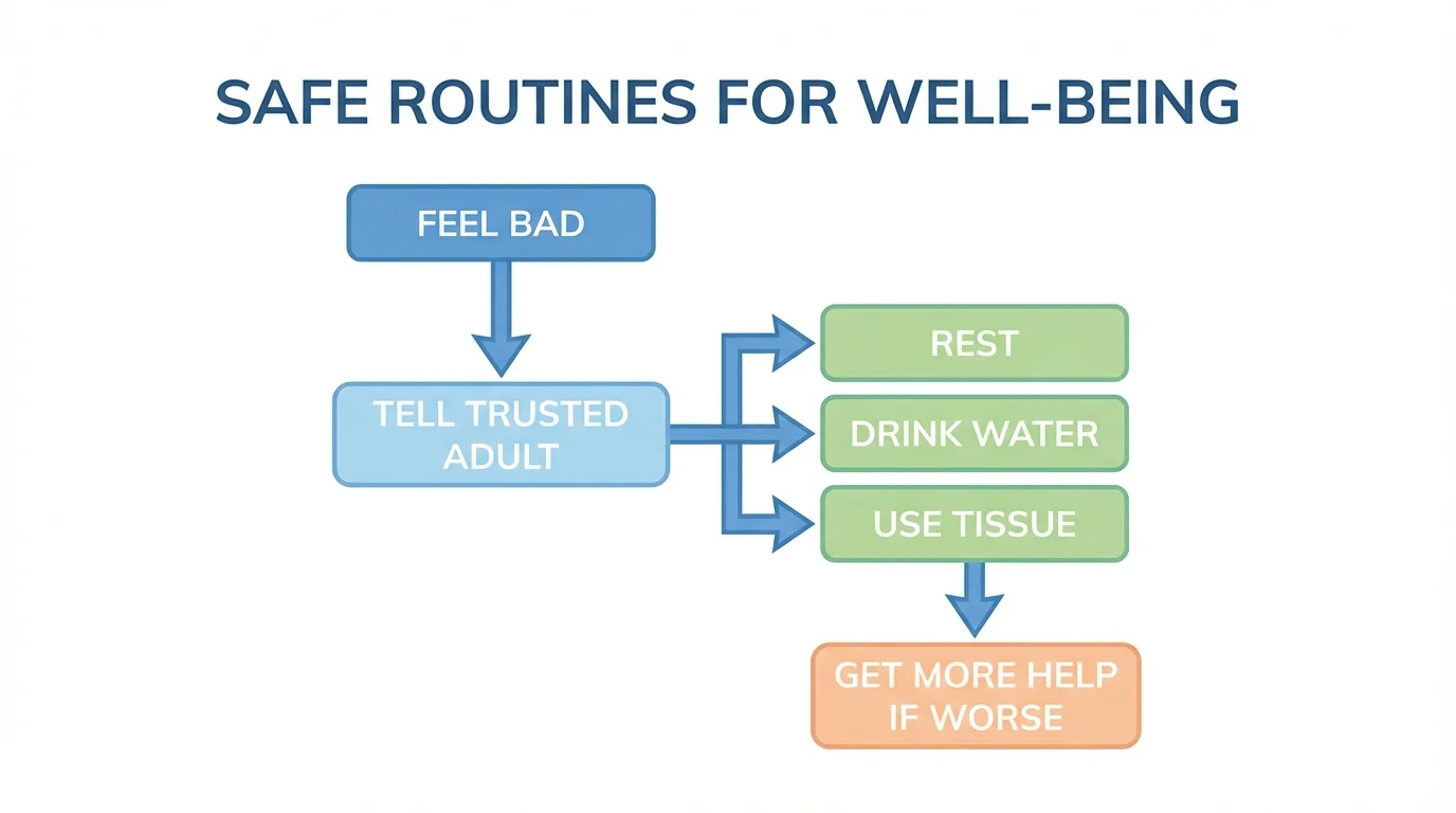 Flowchart with boxes and arrows: feel bad, tell trusted adult, rest, drink water, use tissue, get more help if worse