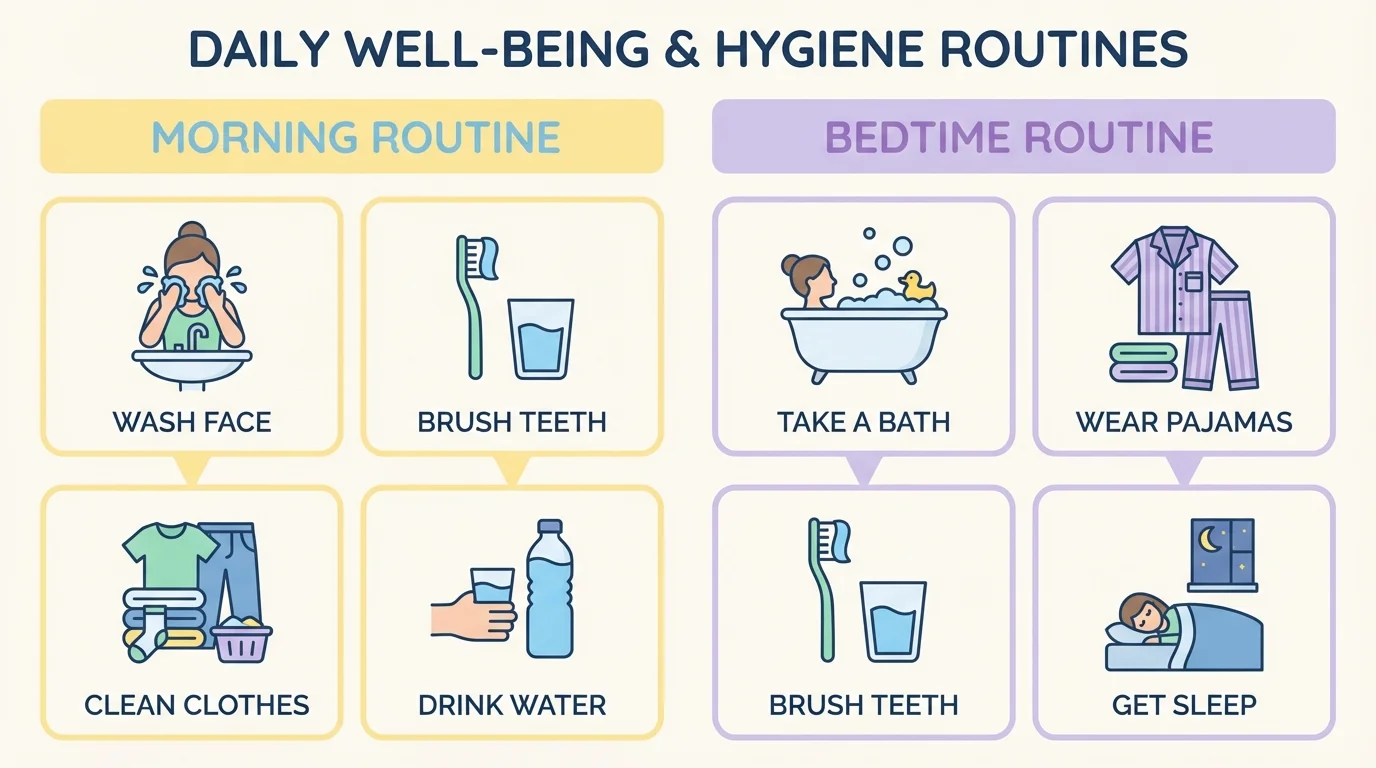 Two-column chart with simple icons for morning routine and bedtime routine: wash face, brush teeth, clean clothes, water, bath, pajamas, sleep