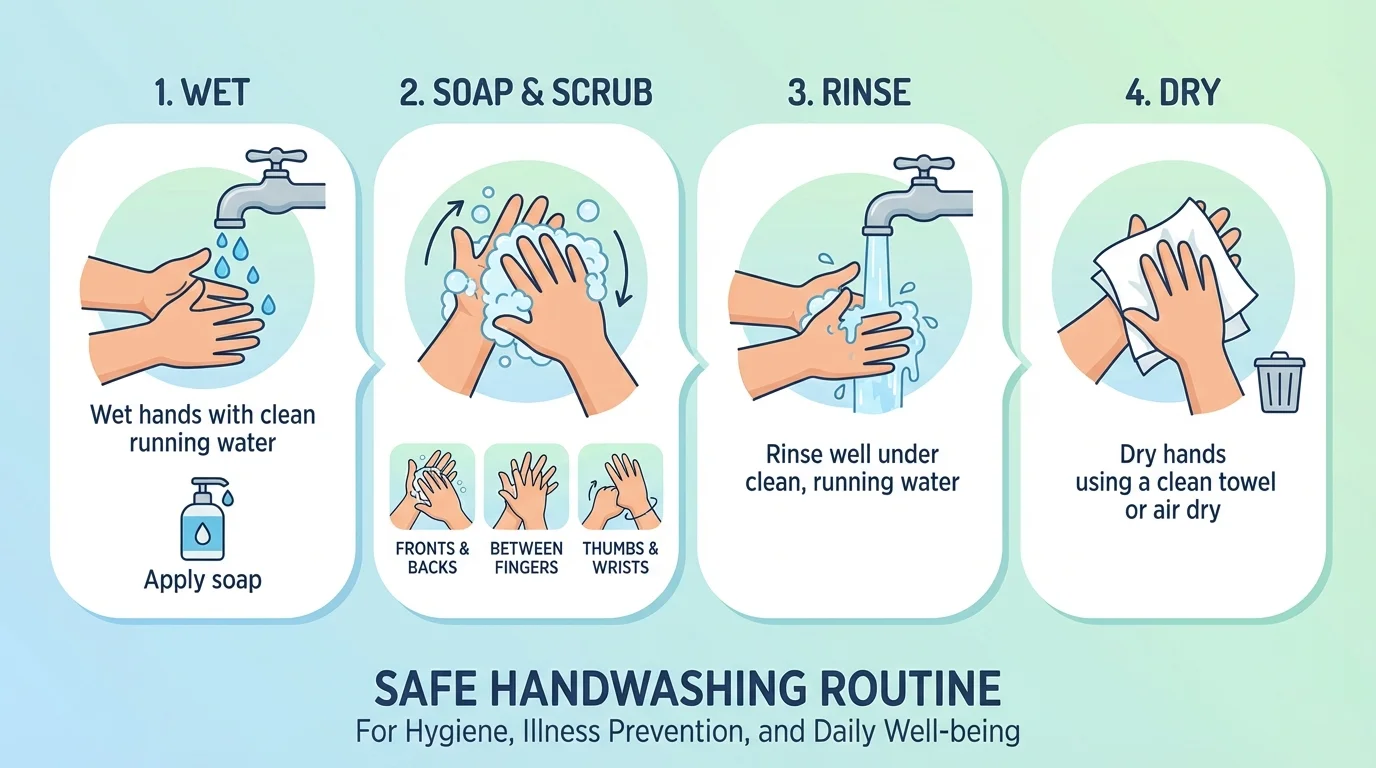 Child washing hands at sink with labeled steps: wet, soap, scrub fronts and backs and between fingers, rinse, dry