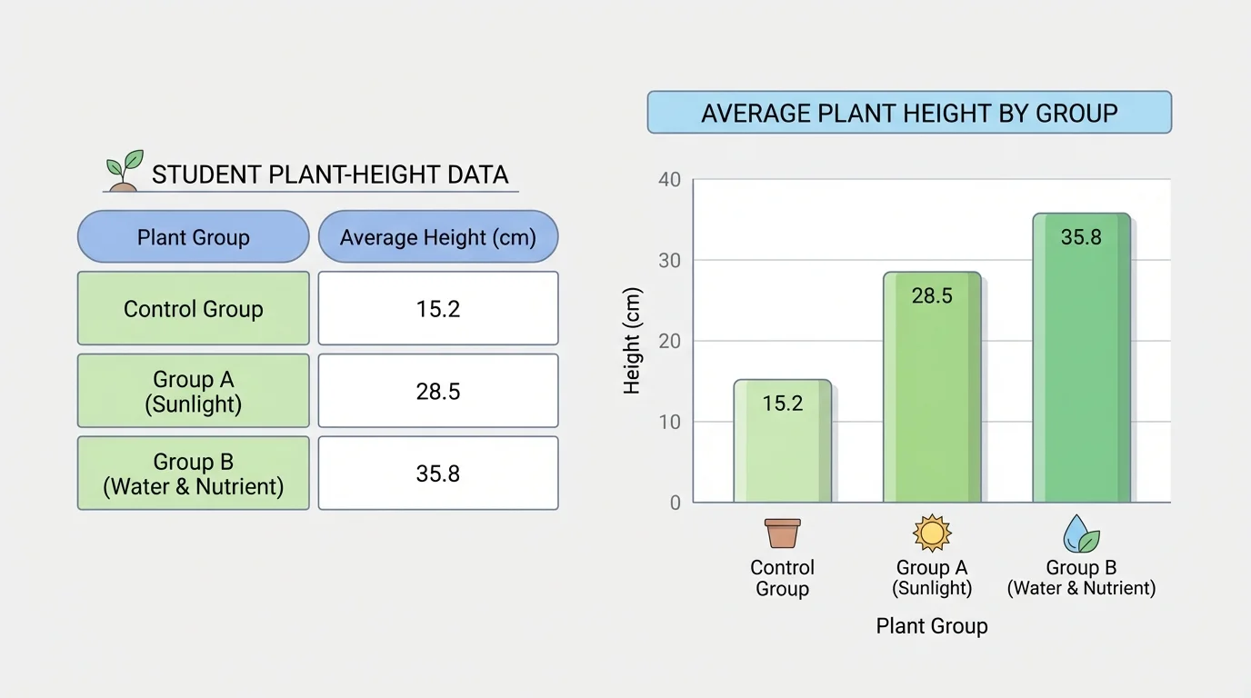 chart showing student plant-height data in a labeled table beside a simple bar graph with axes labeled height in centimeters and plant group
