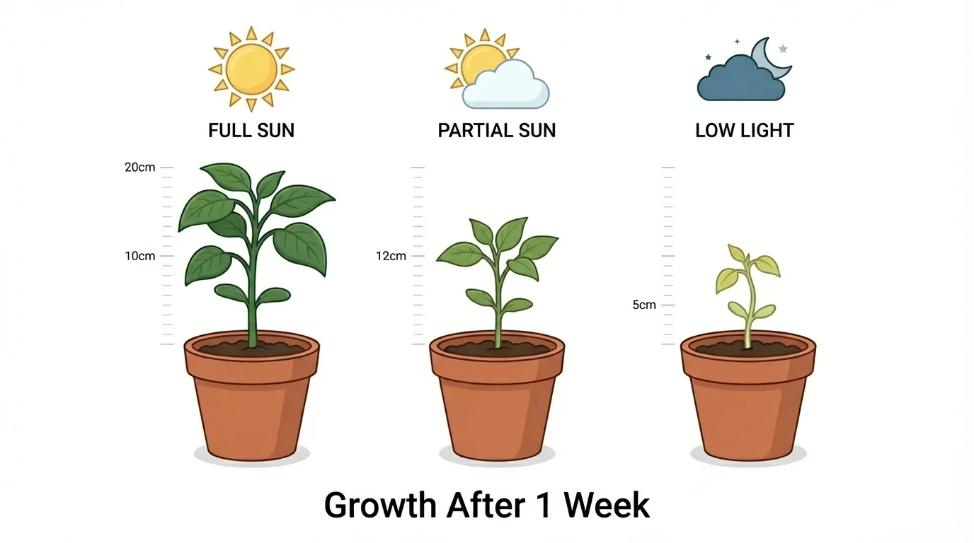 three identical potted plants labeled full sun, partial sun, and low light with visibly different heights after one week