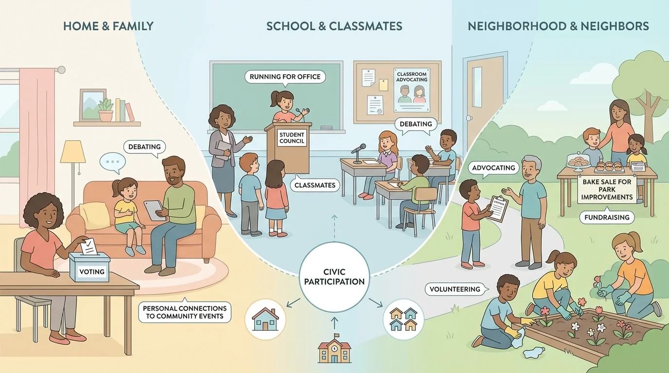 children with family, classmates, teacher, and neighbors in simple community scenes showing home, school, and neighborhood groups