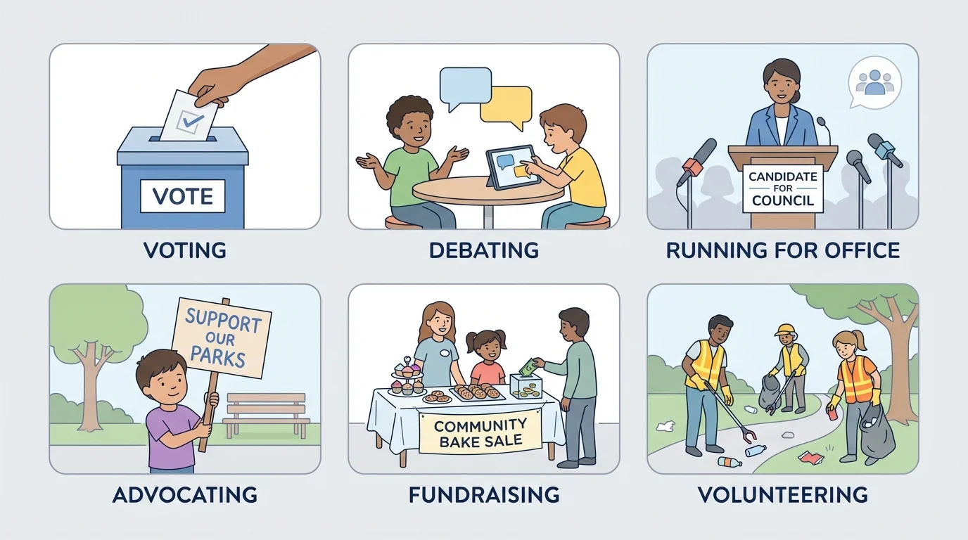 six small scenes showing voting in a ballot box, children debating ideas, a person running for office, a child advocating with a simple sign, a fundraising table, and volunteers cleaning a park