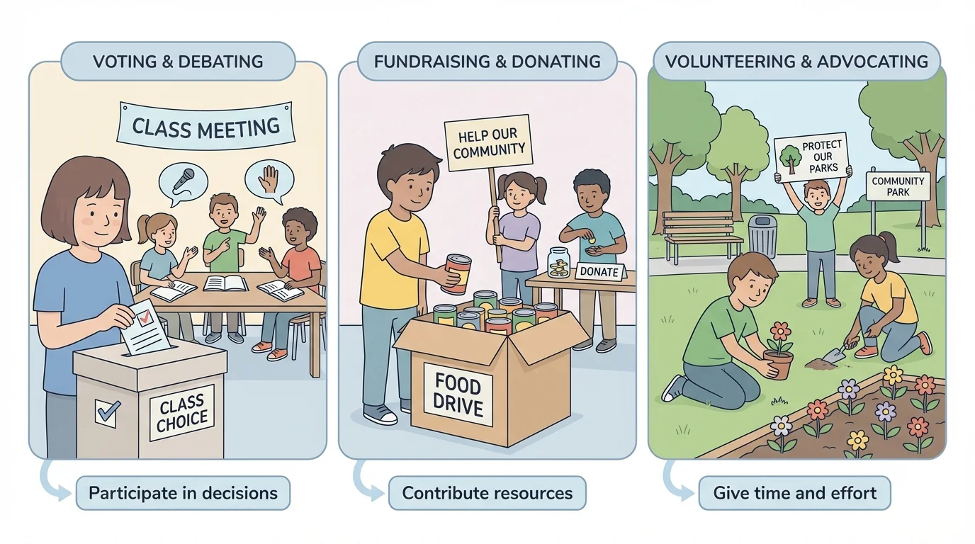 children voting on a class choice, donating canned food to a collection box, and helping plant flowers at a park