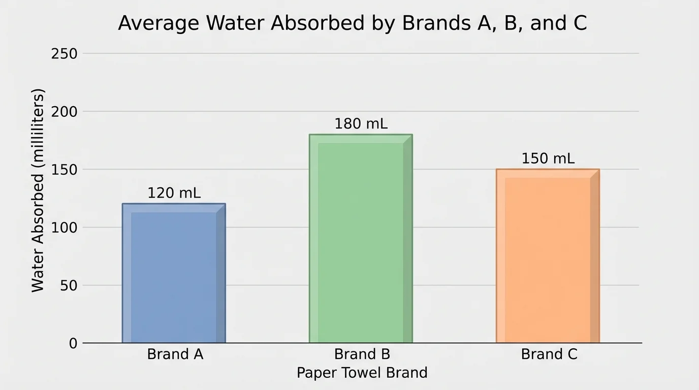simple bar graph comparing average water absorbed by brands A, B, and C, with y-axis in milliliters