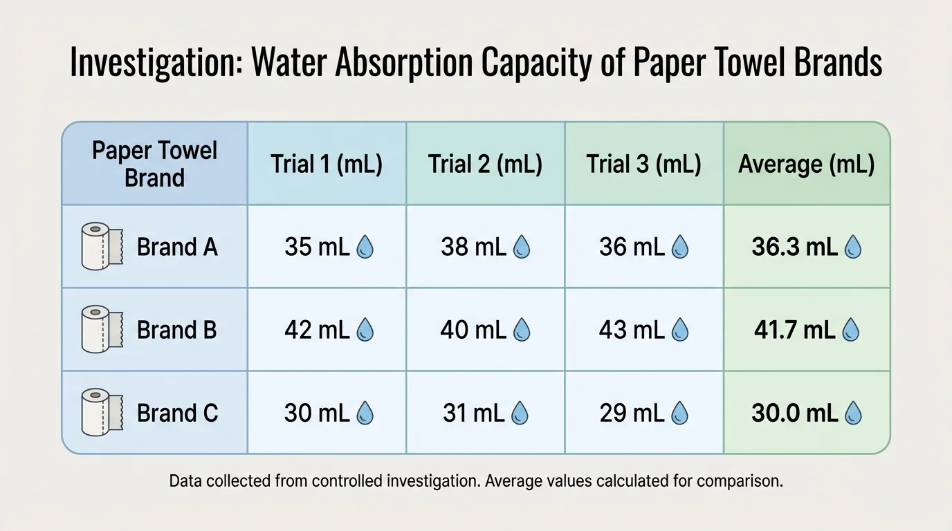 chart showing three trials of water absorption for paper towel brands A, B, and C with values in milliliters and a column for average