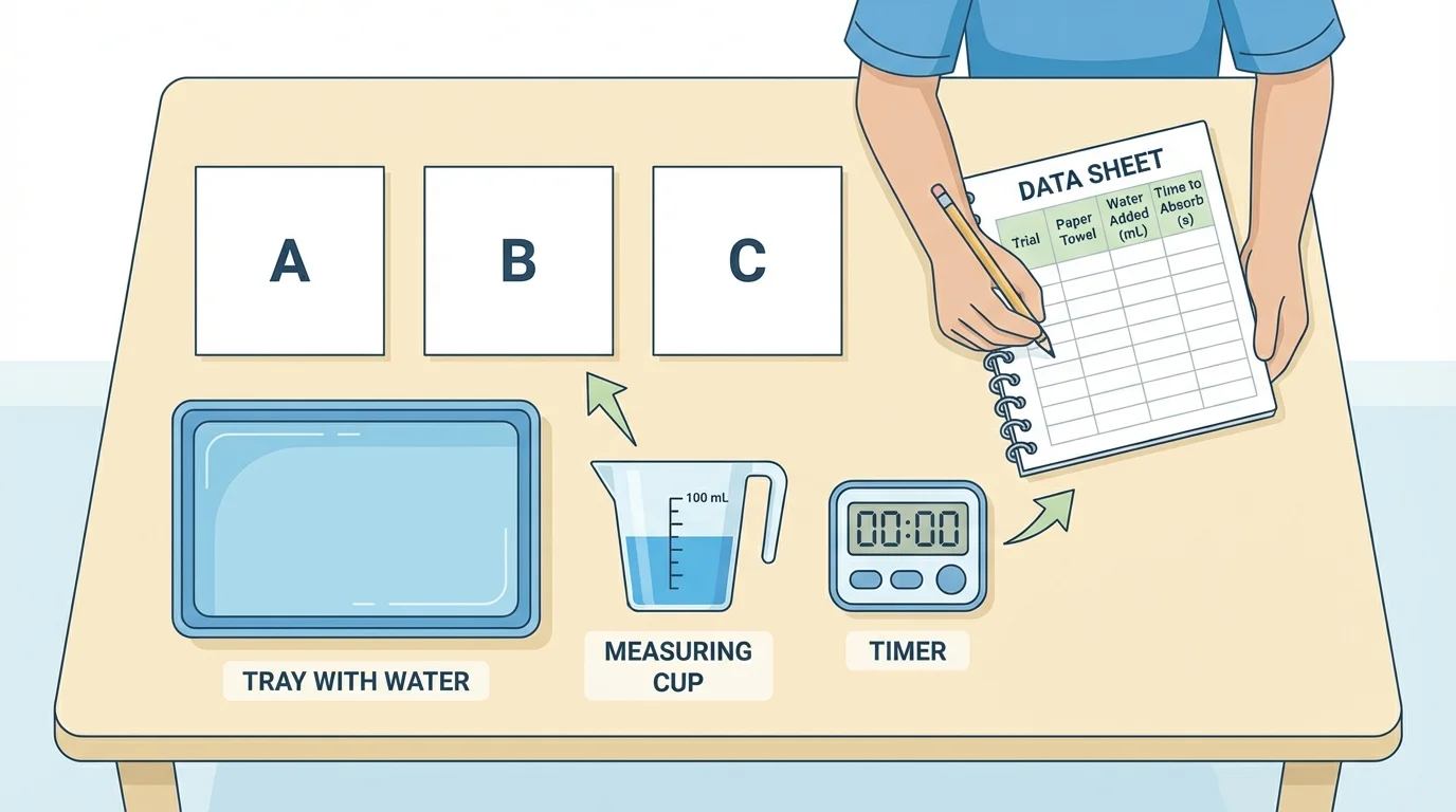 investigation setup with equal paper towel squares labeled A, B, C, tray of water, measuring cup, timer, and student recording results