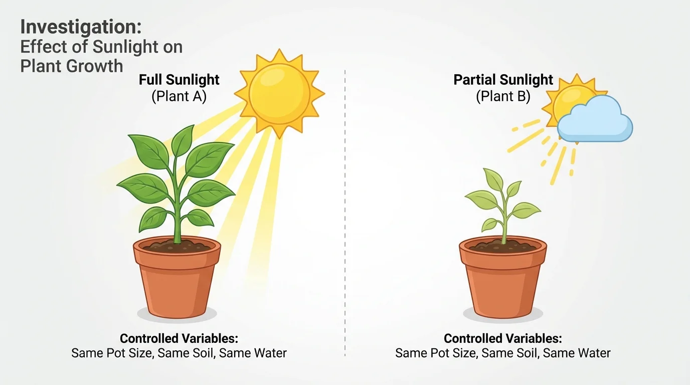 side-by-side plant growth test with two identical plants, same pot size, same soil, same water, but different sunlight amounts labeled clearly