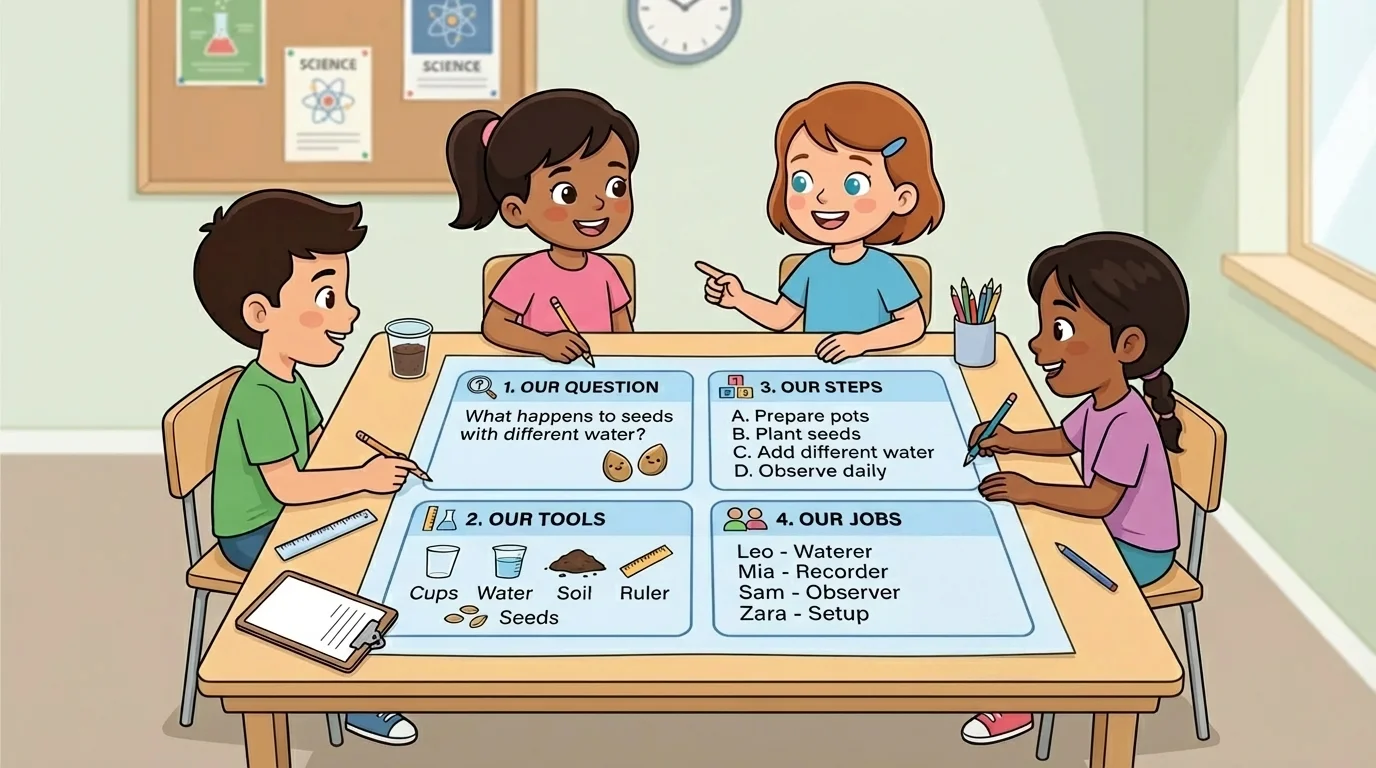 children around a table making a simple investigation plan with boxes for question, tools, steps, and jobs