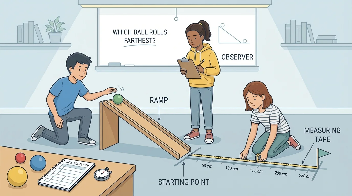children testing which ball rolls farther down a ramp, one releasing the ball, one watching, one marking results