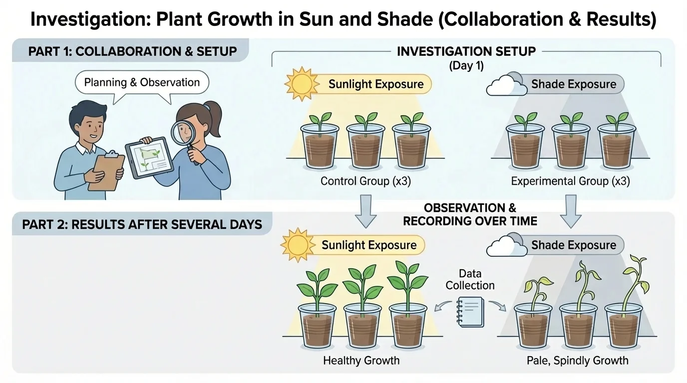 chart with pictures showing three cups in sun and shade and how the plants look after several days