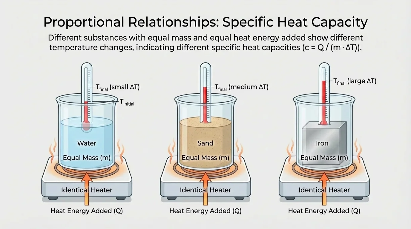 Three equal-mass containers labeled water, sand, and aluminum heated by identical heaters, with thermometers showing different temperature increases