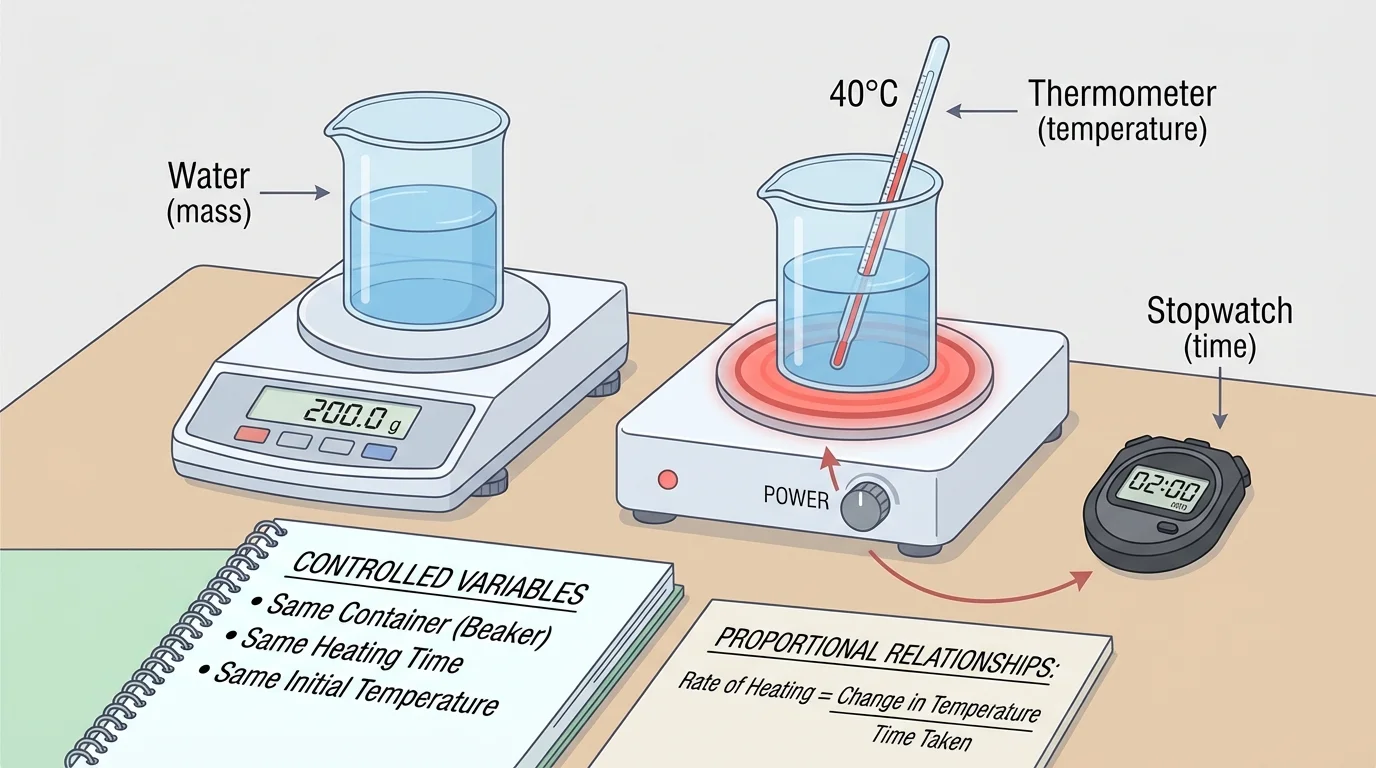 Labeled heating investigation setup with beaker on hot plate, thermometer, balance, stopwatch, and notes showing controlled variables such as same container and same heating time