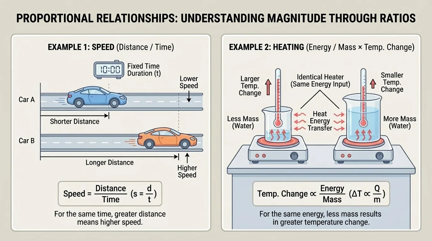Two side-by-side examples showing a distance-time speed comparison and two identical heaters warming different amounts of water, with simple labels for distance, time, mass, and temperature change