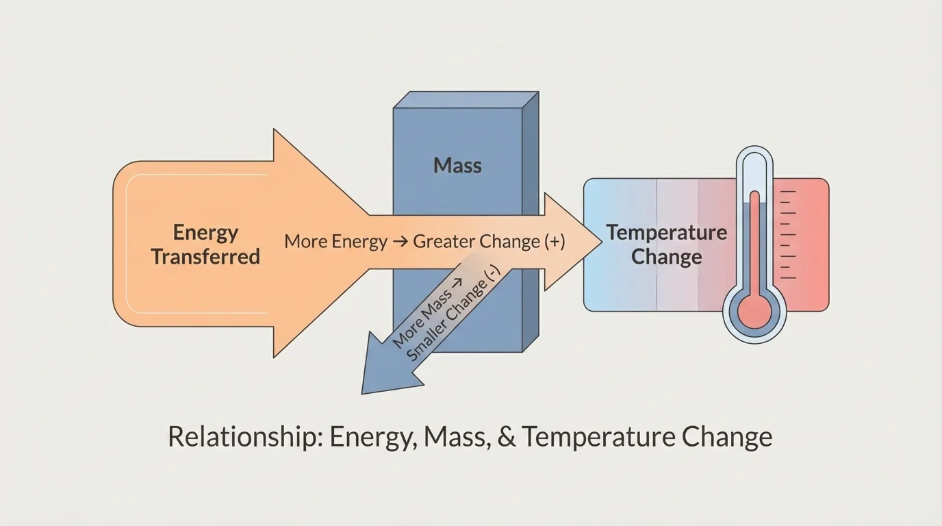Relationship diagram using arrows among energy transferred, mass, and temperature change for one material; more energy gives greater temperature change, more mass gives smaller temperature change
