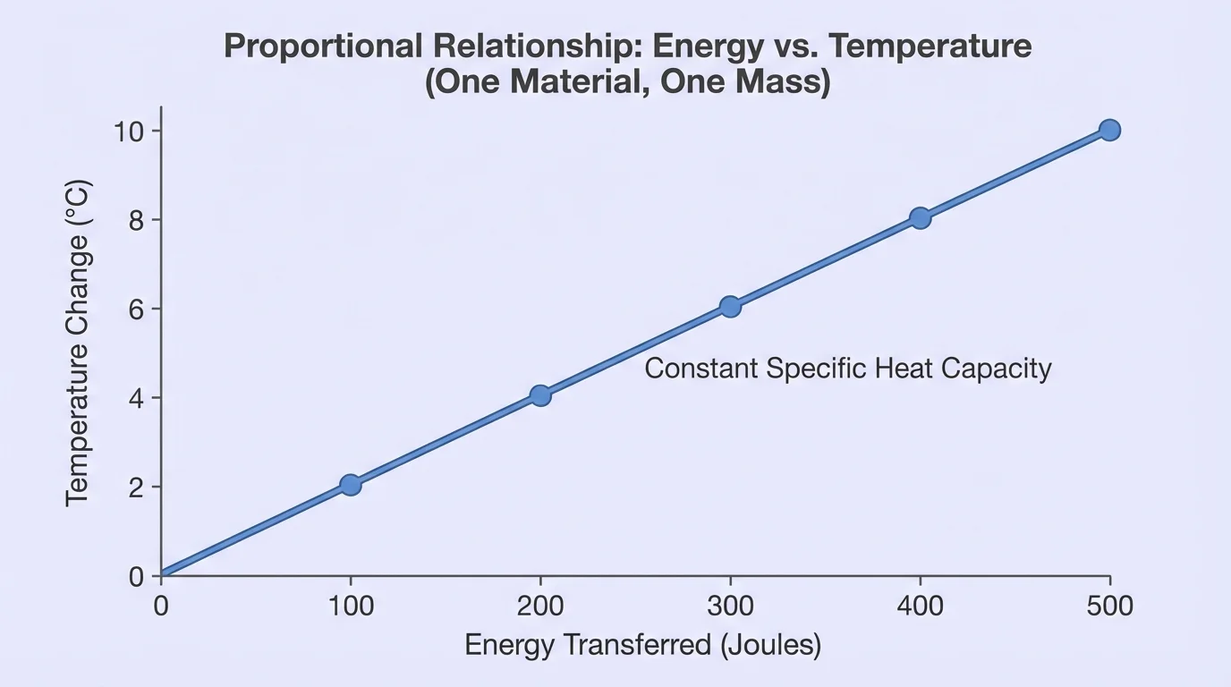 Line graph with energy transferred on the horizontal axis and temperature change on the vertical axis for one material and one mass, showing a straight proportional trend