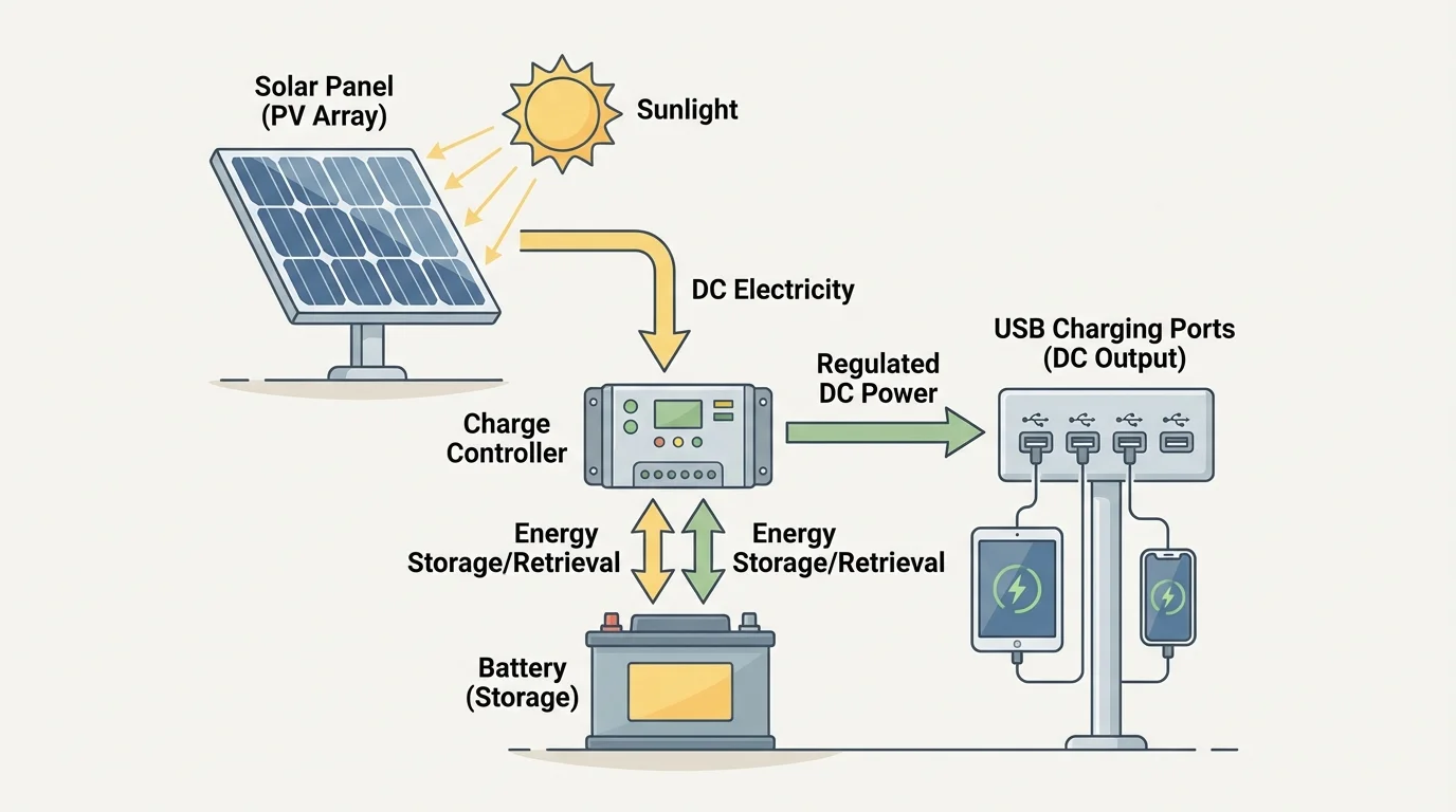 Labeled diagram of school solar charging station with solar panel, battery, charge controller, USB ports, and arrows showing energy flow