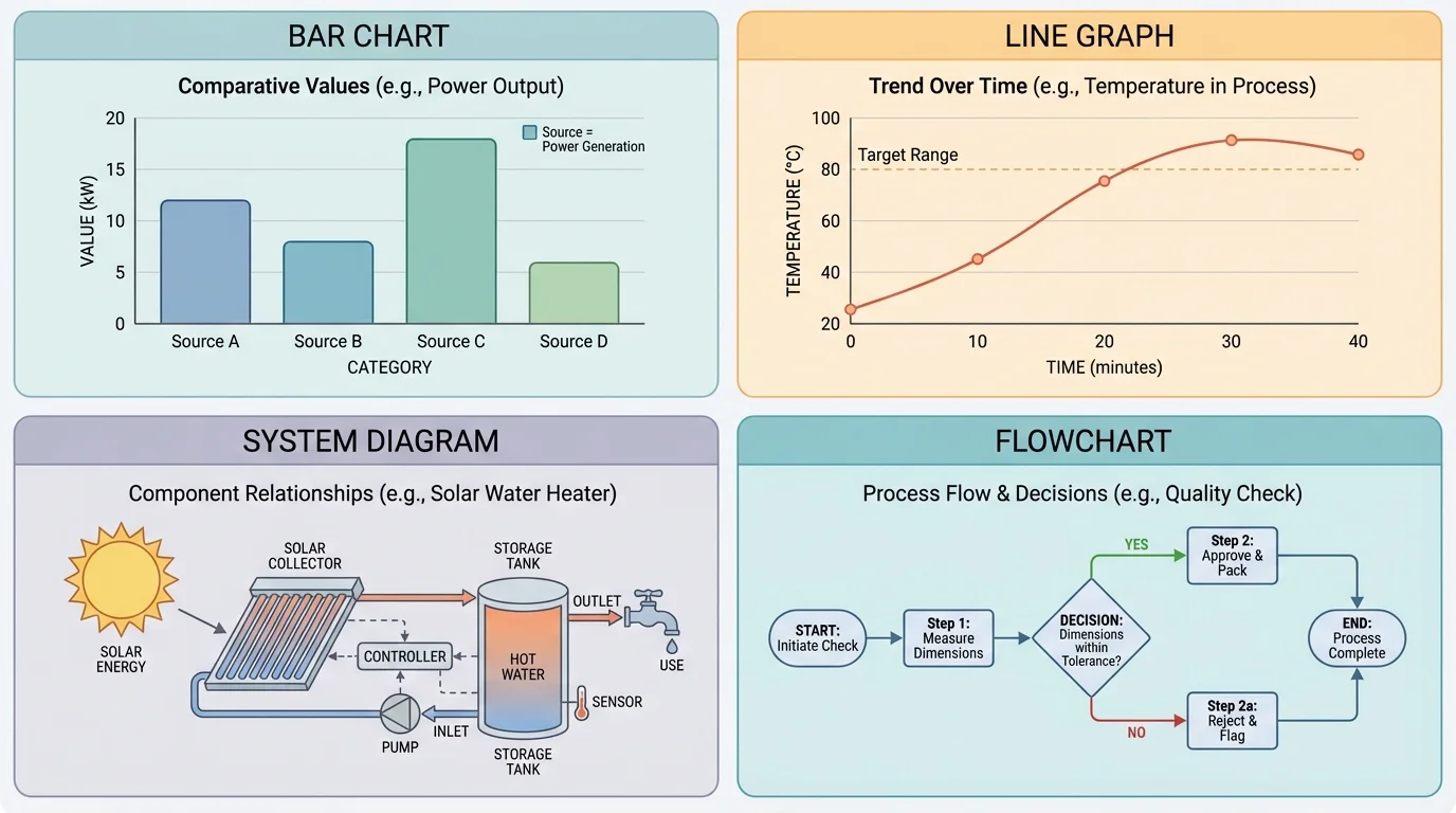Comparison of bar chart, line graph, labeled system diagram, and flowchart for different technical communication purposes