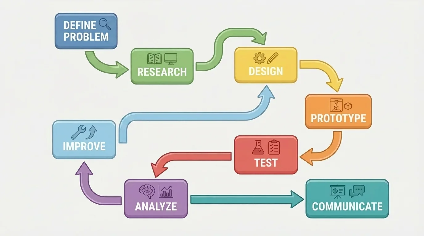 Flowchart of engineering design process: define problem, research, design, prototype, test, analyze, improve, communicate