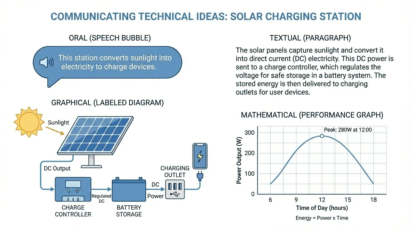 Same solar charging station idea shown as short speech bubble, labeled diagram, paragraph text, and simple performance graph