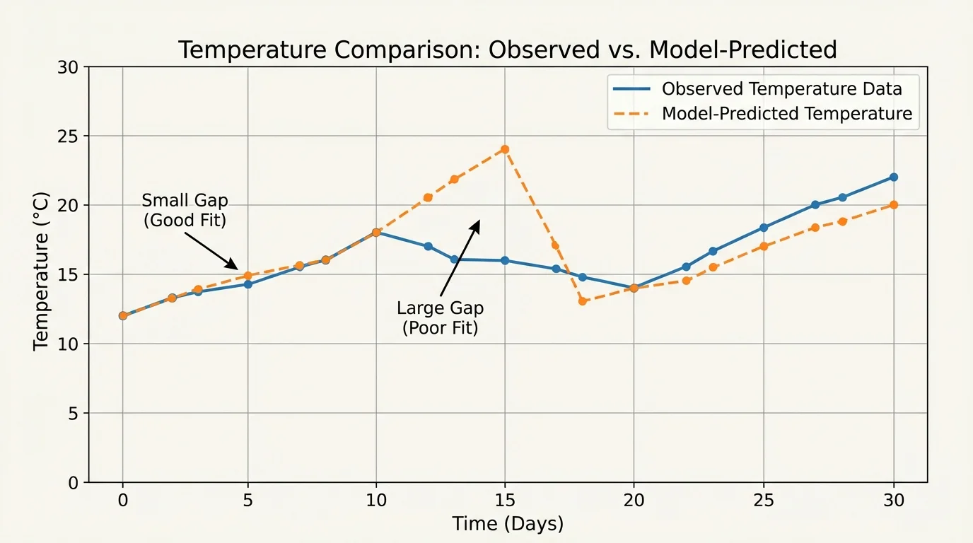 Line graph comparing observed temperature data and model-predicted temperature over time, with small and large gaps visible