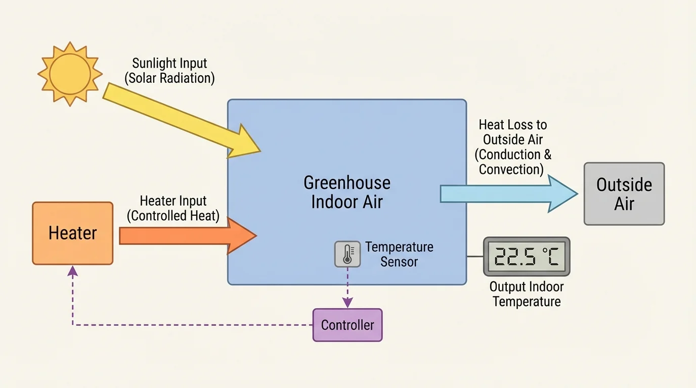 Greenhouse temperature system with boxes and arrows showing sunlight input, heater input, heat loss to outside air, temperature sensor, and output indoor temperature