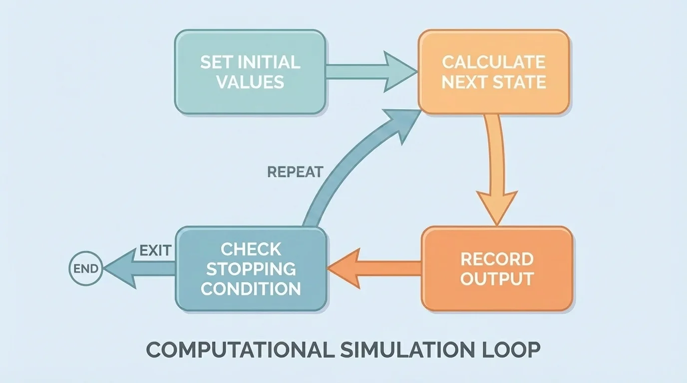 Simulation loop with boxes labeled set initial values, calculate next state, record output, check stopping condition, and repeat