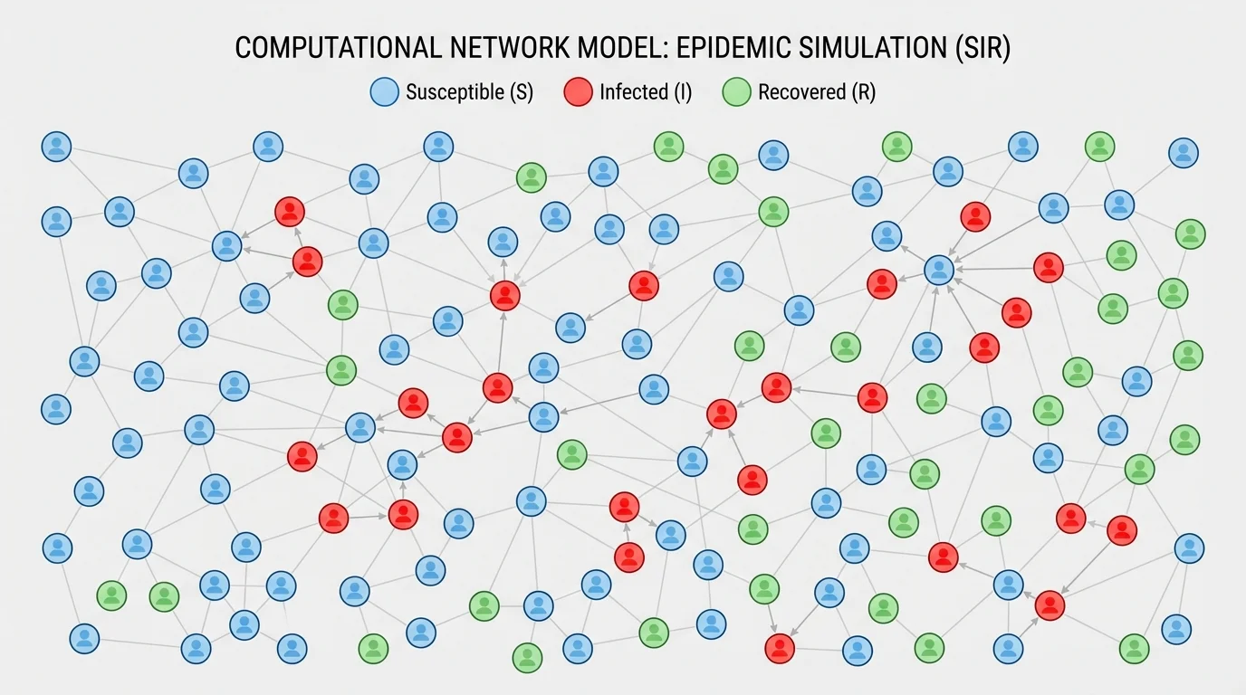 Network of people as nodes connected by lines, with infected nodes in one color, susceptible in another, and recovered in a third