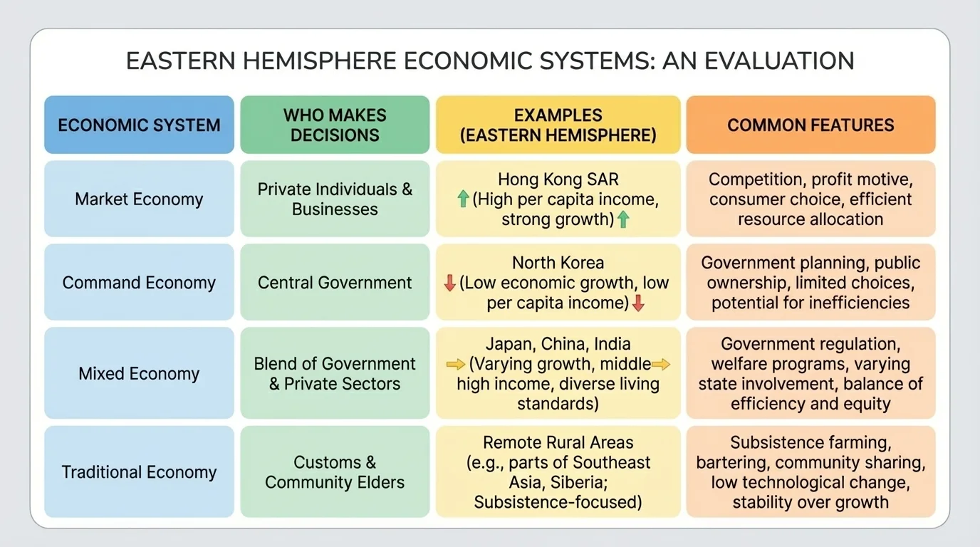 chart comparing four economic systems with columns for who makes decisions, examples from the Eastern Hemisphere, and common features