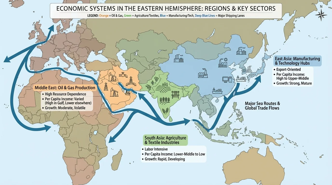 map of the Eastern Hemisphere highlighting Middle East oil regions, South Asian farming regions, East Asian manufacturing centers, and major sea routes