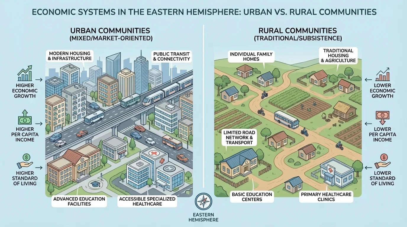 illustration showing differences in housing, transportation, schools, and healthcare access in urban and rural Eastern Hemisphere communities