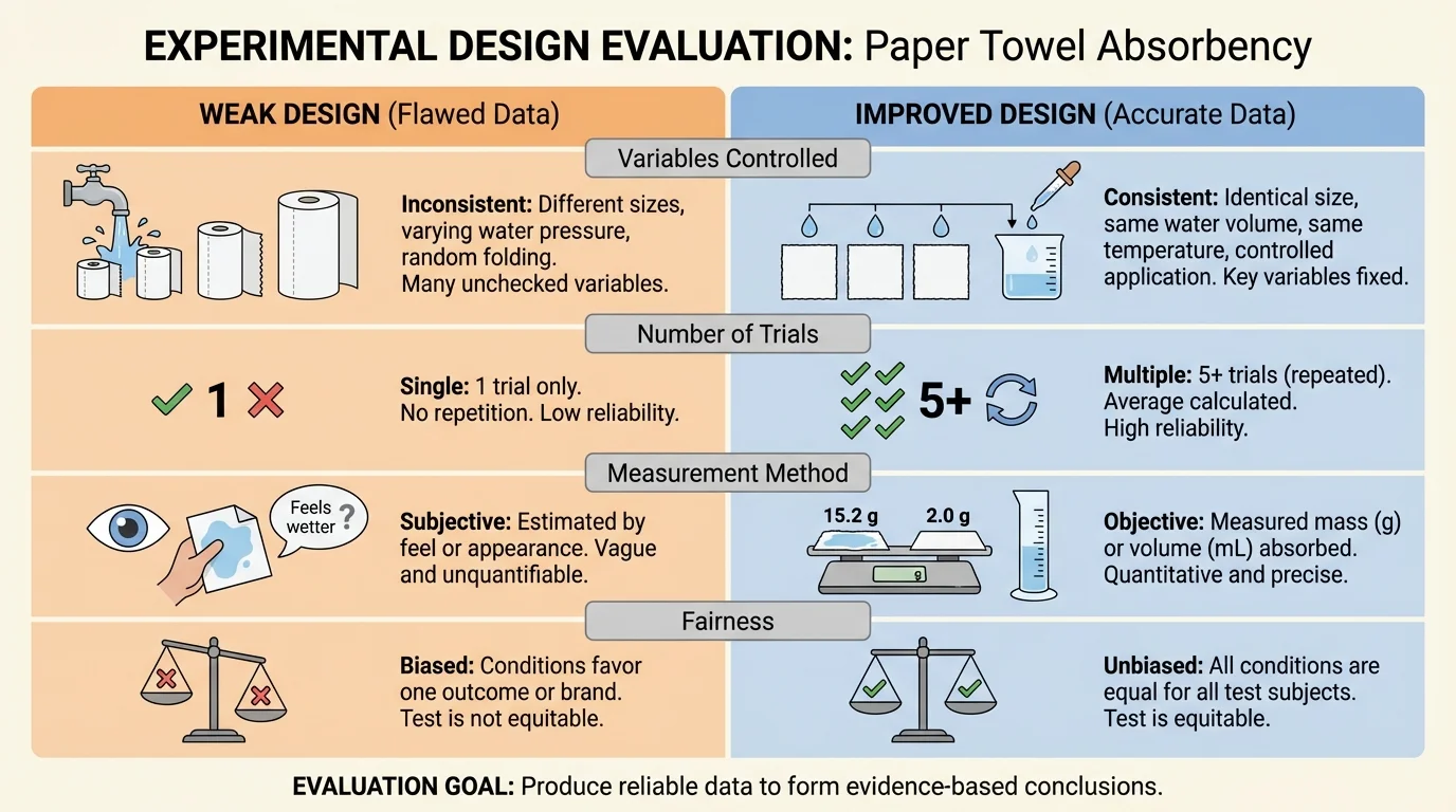 chart comparing weak design versus improved design for paper towel absorbency, with rows for variables controlled, number of trials, measurement method, and fairness