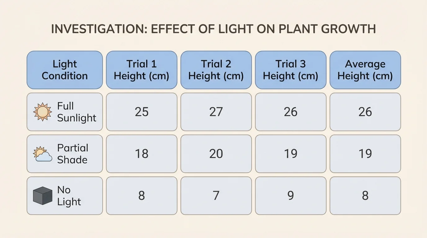 chart showing a student data table with three trials for plant height under different light conditions and an average column