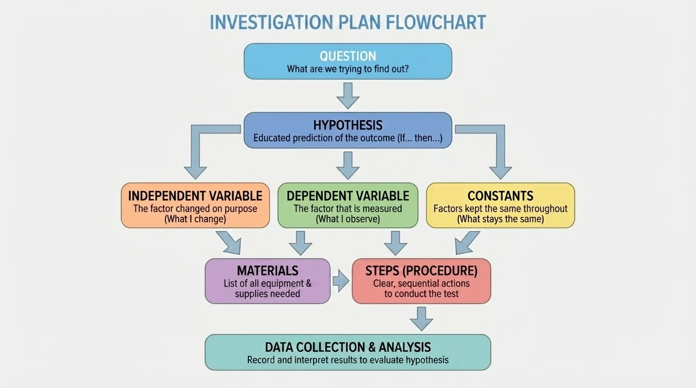 flowchart of an investigation plan with boxes for question, hypothesis, independent variable, dependent variable, constants, materials, and steps