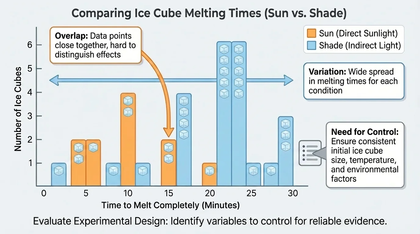 graph comparing melting times of ice cubes in sun and shade with notes pointing out overlap, variation, and need for control