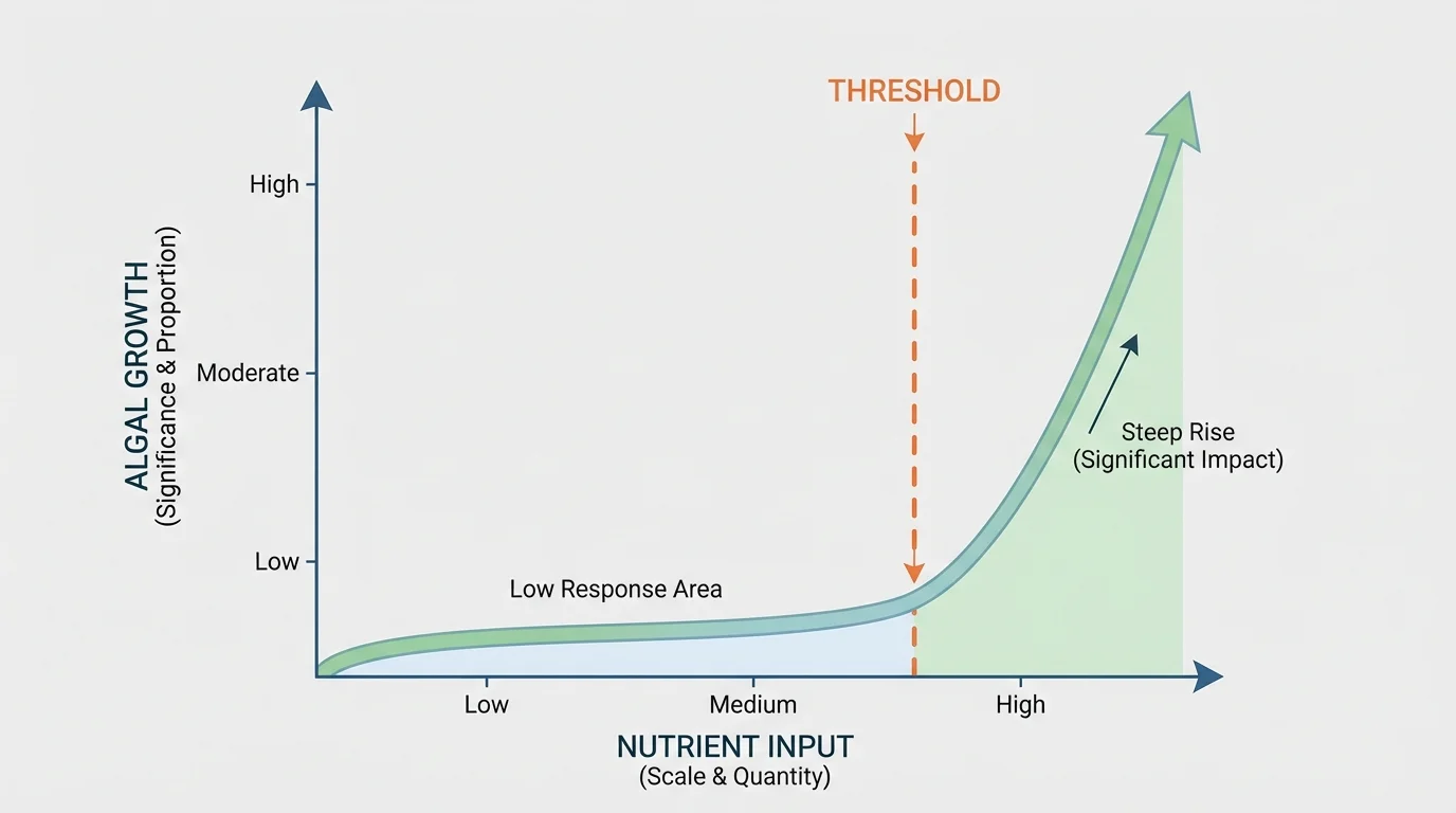 Threshold graph with nutrient input on the x-axis and algal growth on the y-axis, showing low response at first, a labeled threshold, then a steep rise