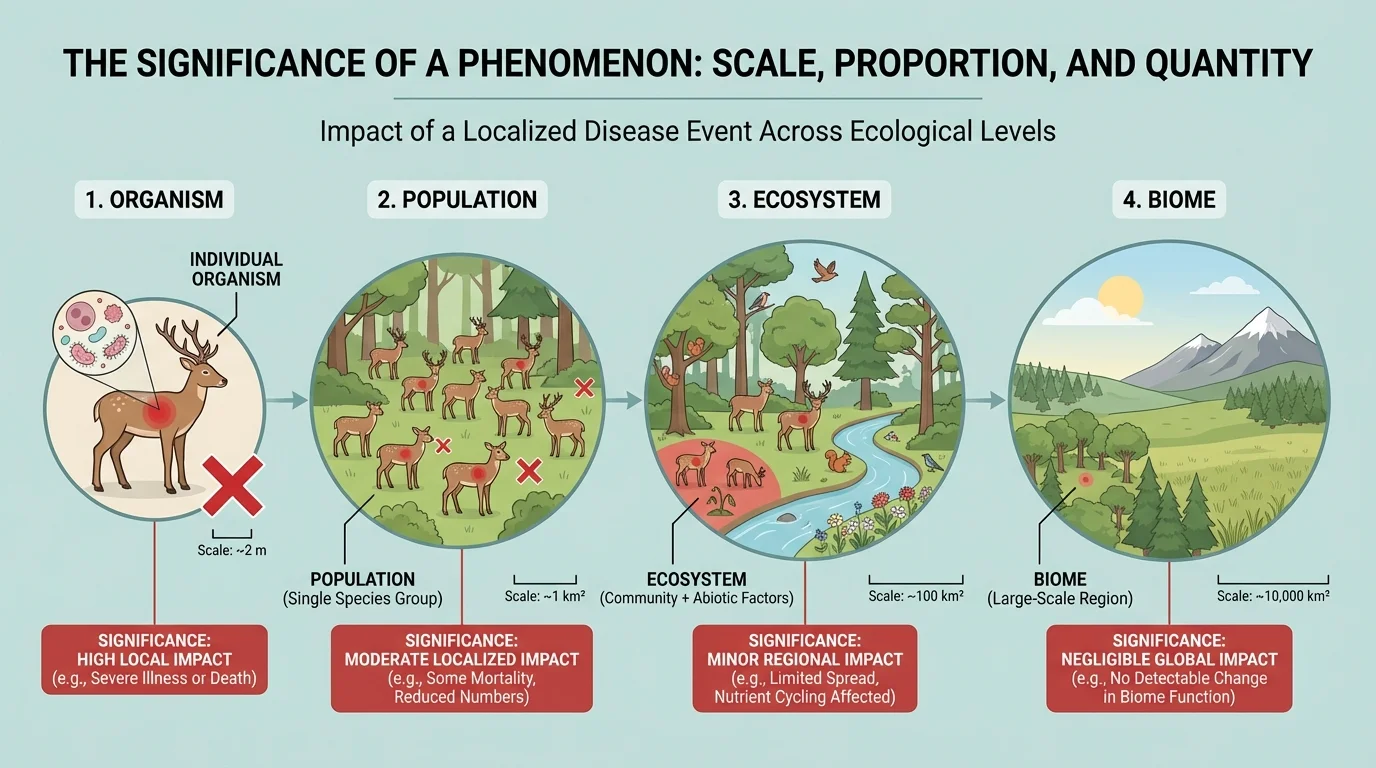 Nested ecological levels from organism to biome, with one localized disease event shown affecting an individual, a population, an ecosystem, and a biome differently