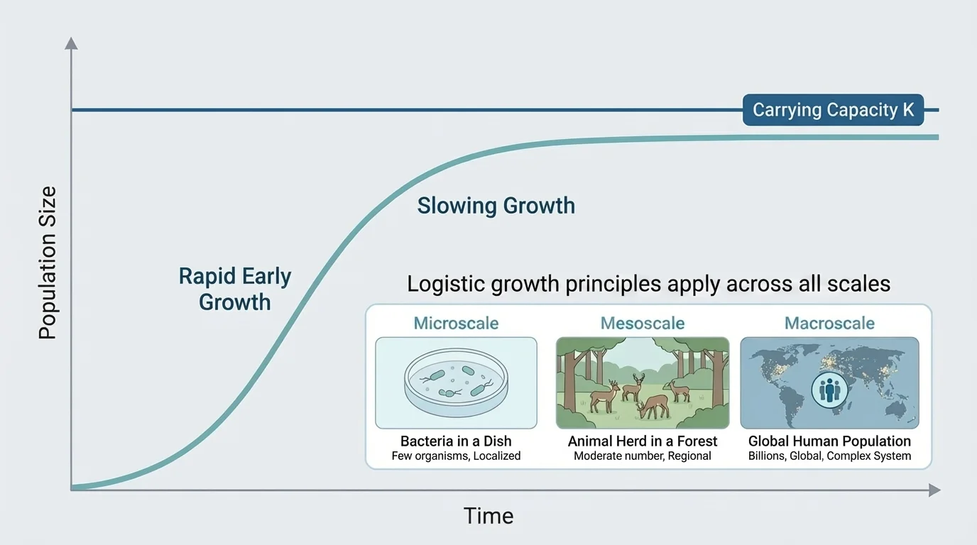 Logistic population growth curve with population size on the y-axis, time on the x-axis, rapid early growth, slowing growth, and a horizontal line labeled carrying capacity K