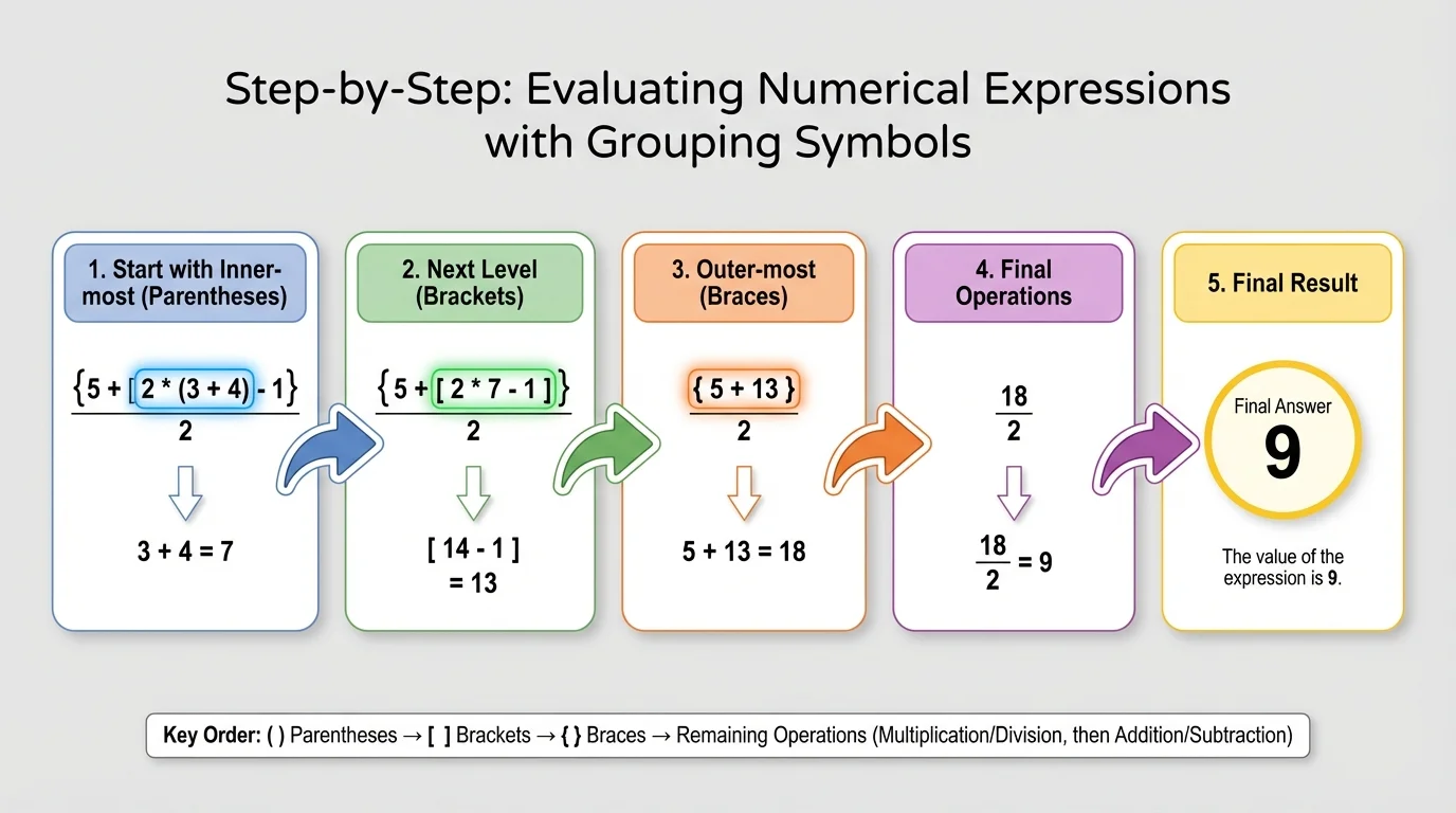 Step-by-step order for evaluating numerical expressions with grouping symbols