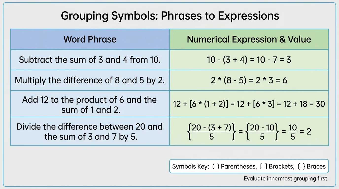 Chart matching word phrases to numerical expressions using grouping symbols